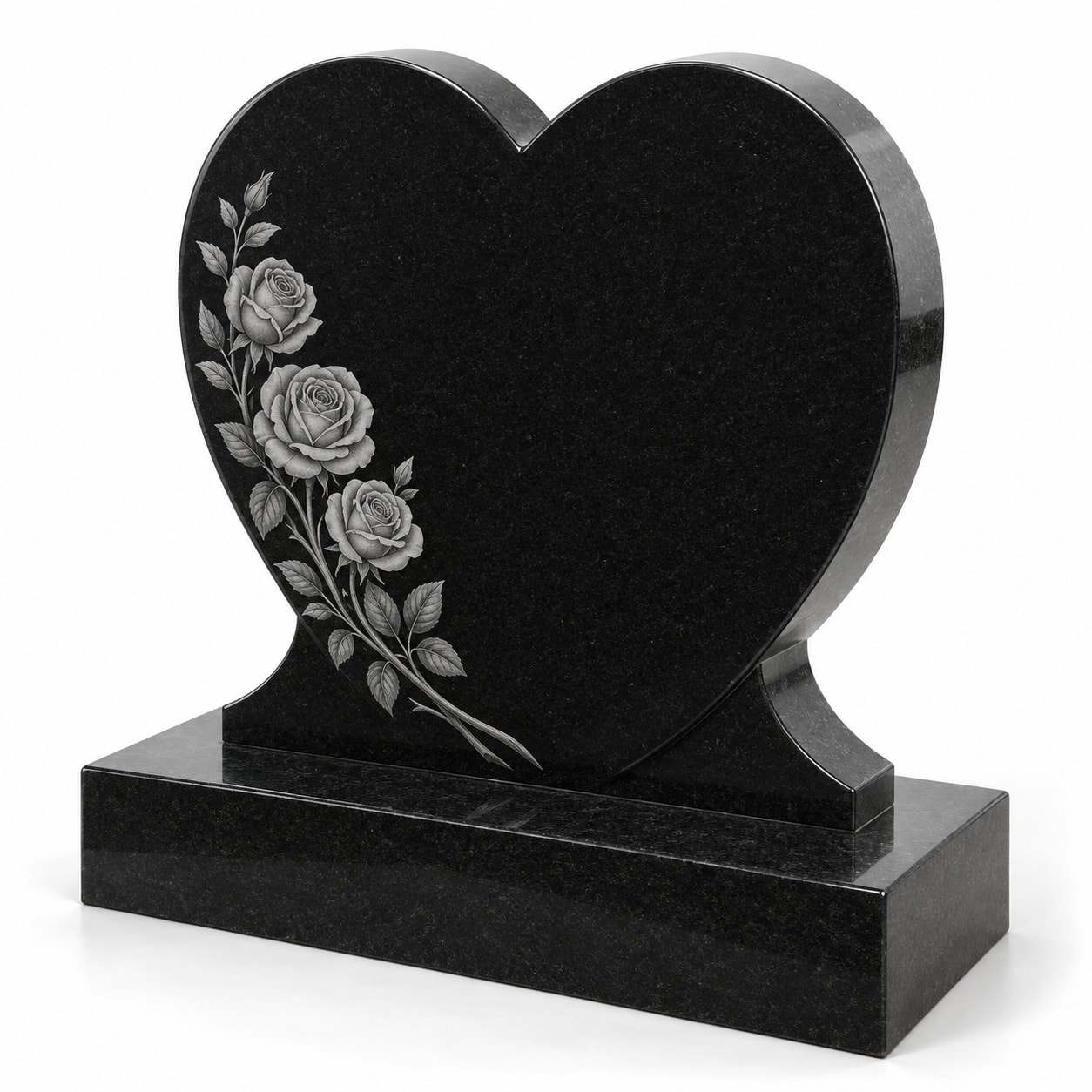 Black granite heart-shaped memorial with etched roses