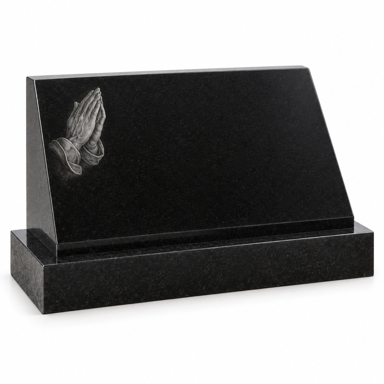 Black granite slant memorial with etched praying hands