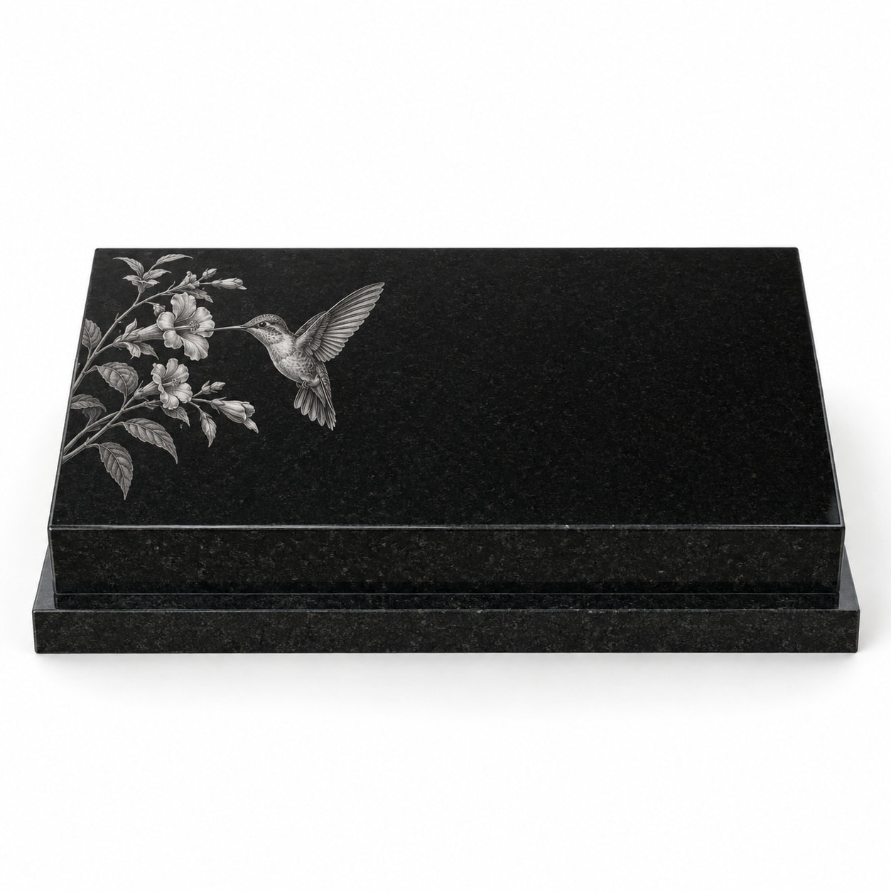 Black granite flat marker with etched hummingbird and flowers