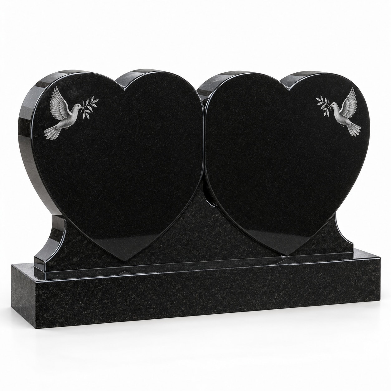 Black granite double heart memorial with etched doves