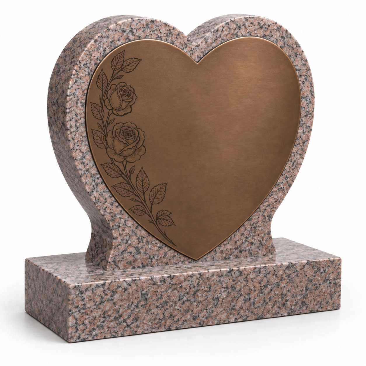 Bronze plaque on pink granite heart monument — roses motif