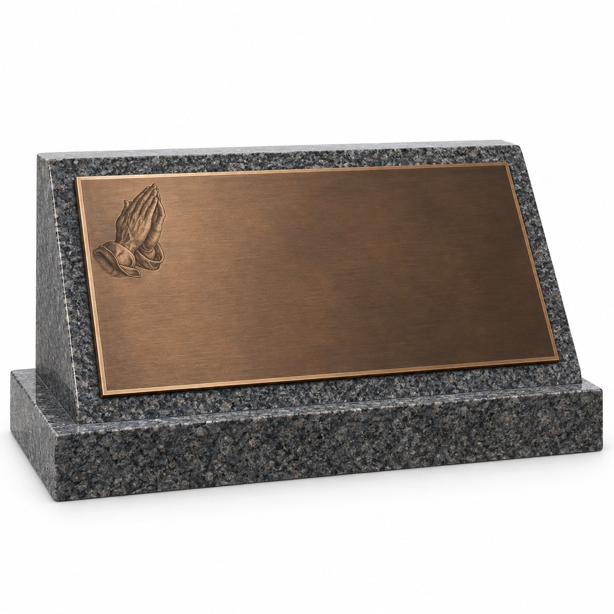 Bronze plaque on blue pearl granite slant marker — praying hands