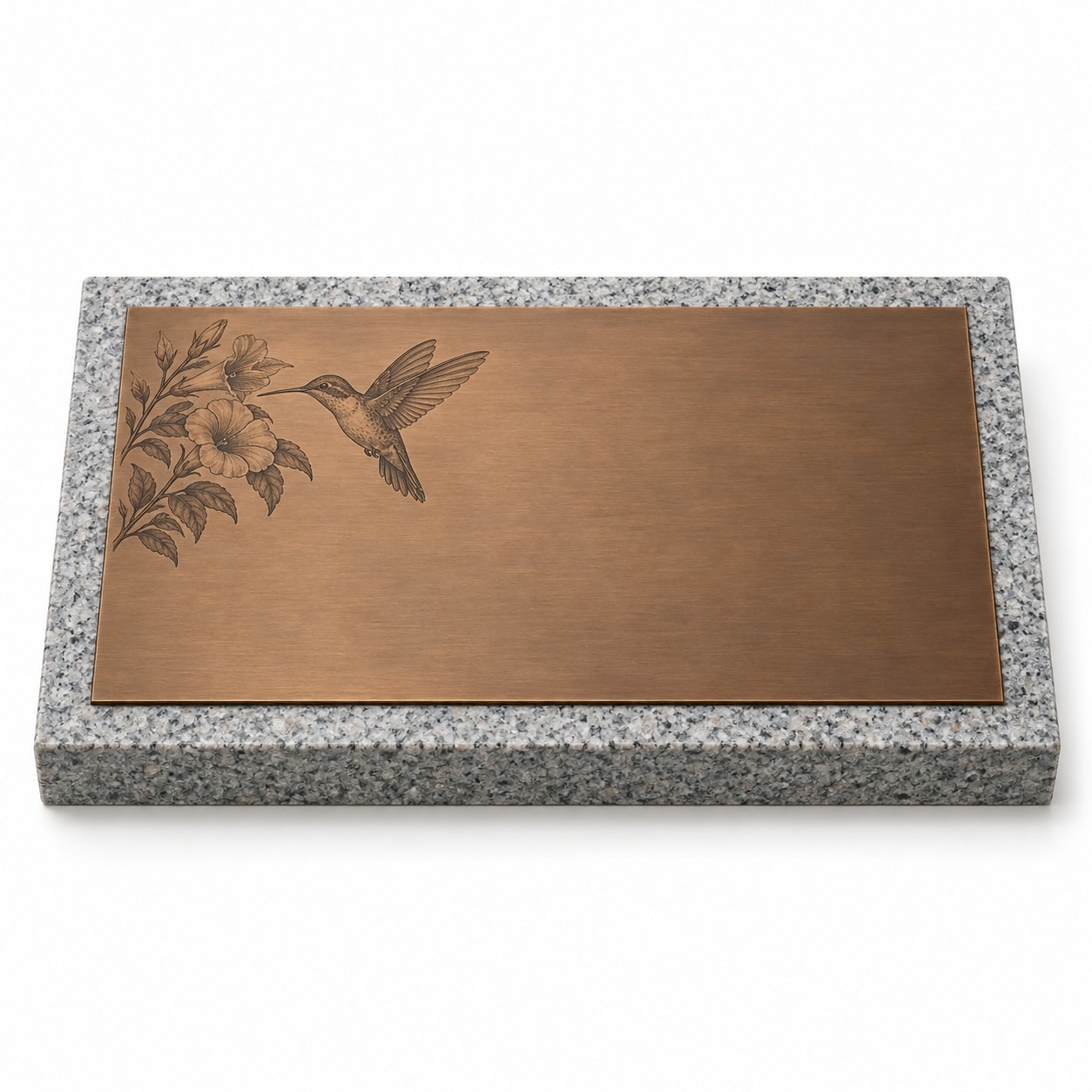 Bronze plaque on gray granite flat marker — hummingbird and flowers