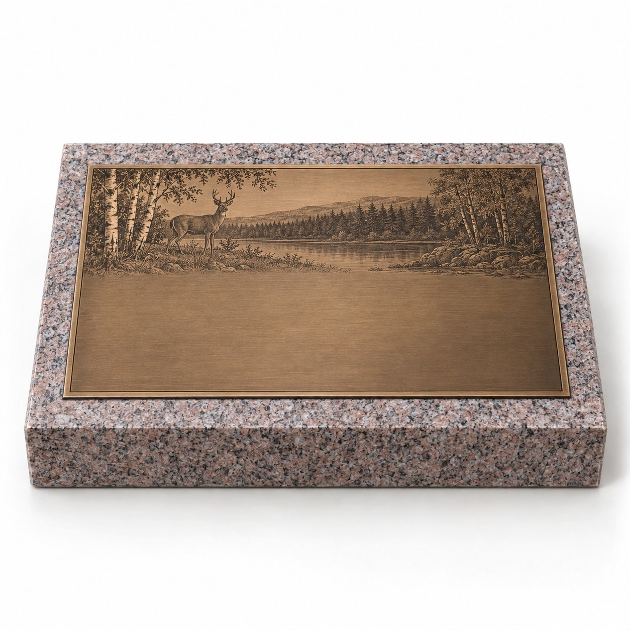 Bronze plaque on pink granite bevel marker — deer woodland scene