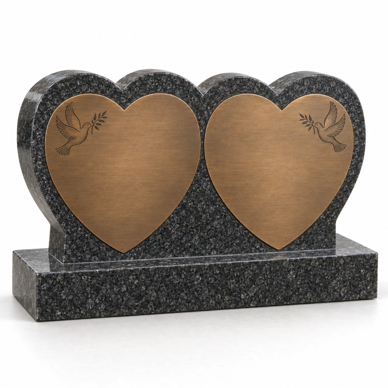 Bronze plaques on blue pearl granite double heart — doves motif