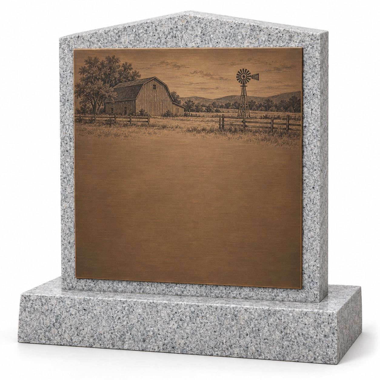Bronze plaque on gray granite peaked upright — farm and windmill scene