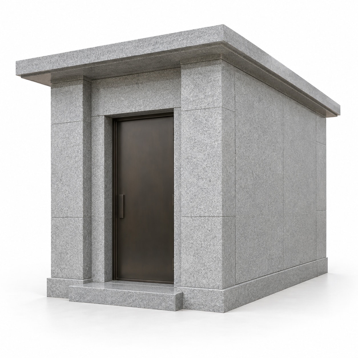 Modern flat-roof granite mausoleum with single bronze door