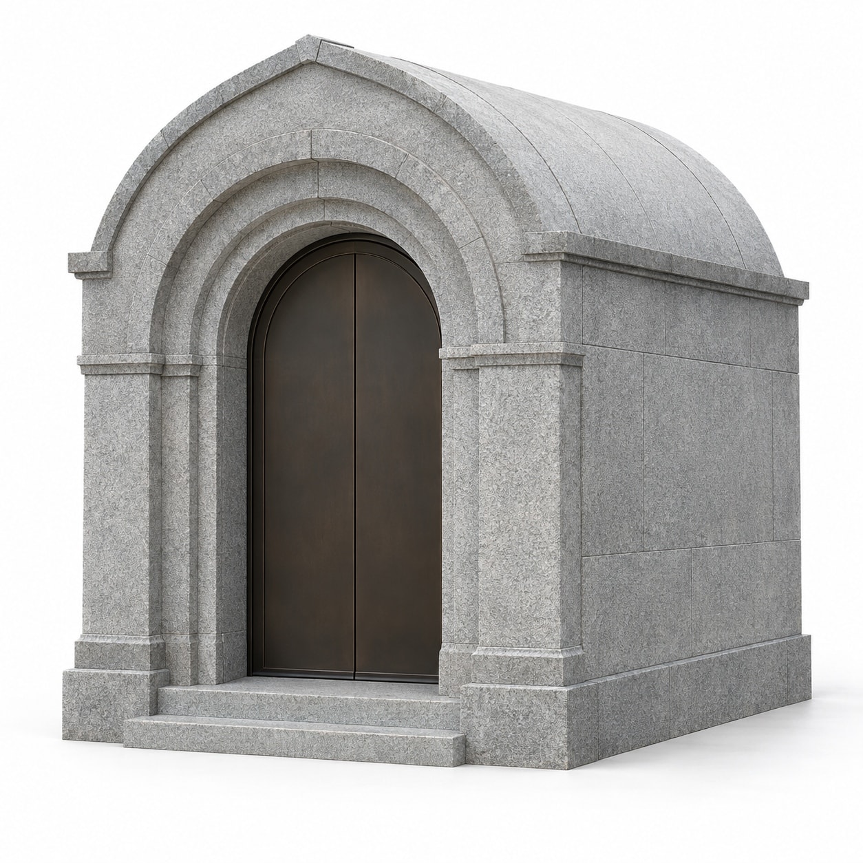Arched entry granite mausoleum with barrel vault roof