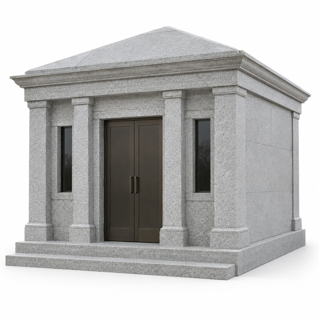 Hipped roof granite mausoleum with flanking windows